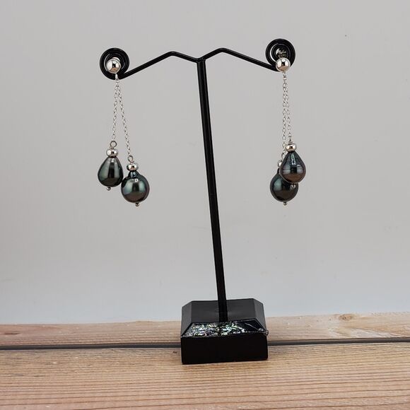 Sterling Silver 8-10mm Black Tahitian Double Pearl Drop Dangle Post Earrings - Picture 1 of 6